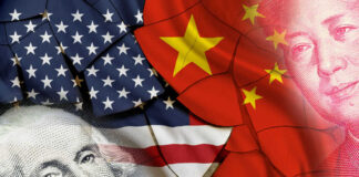 USA and China flags with currency images overlayed