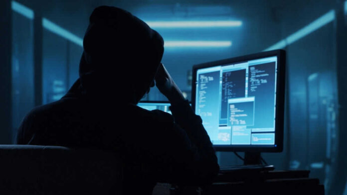 2320345347 Person in a hoodie using multiple computer screens