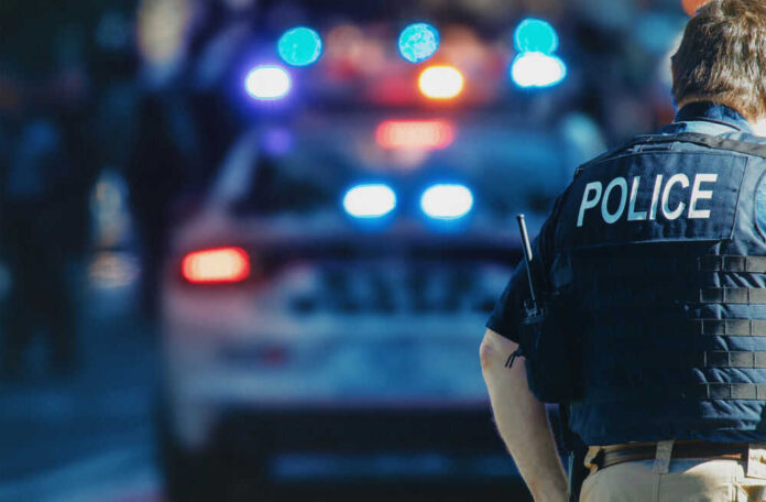 Police officer standing with patrol car in background